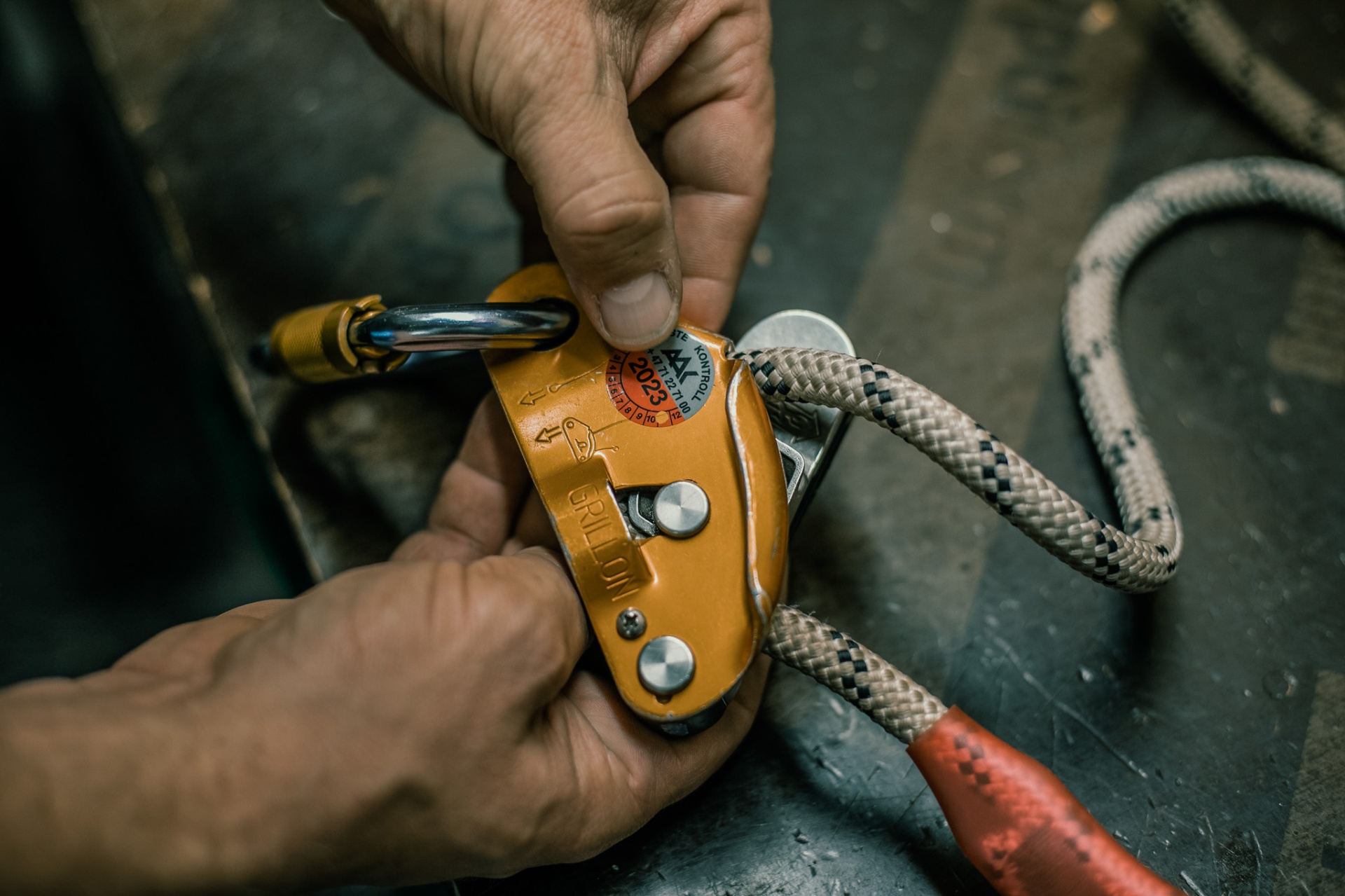 Close-up of certified fall protection equipment